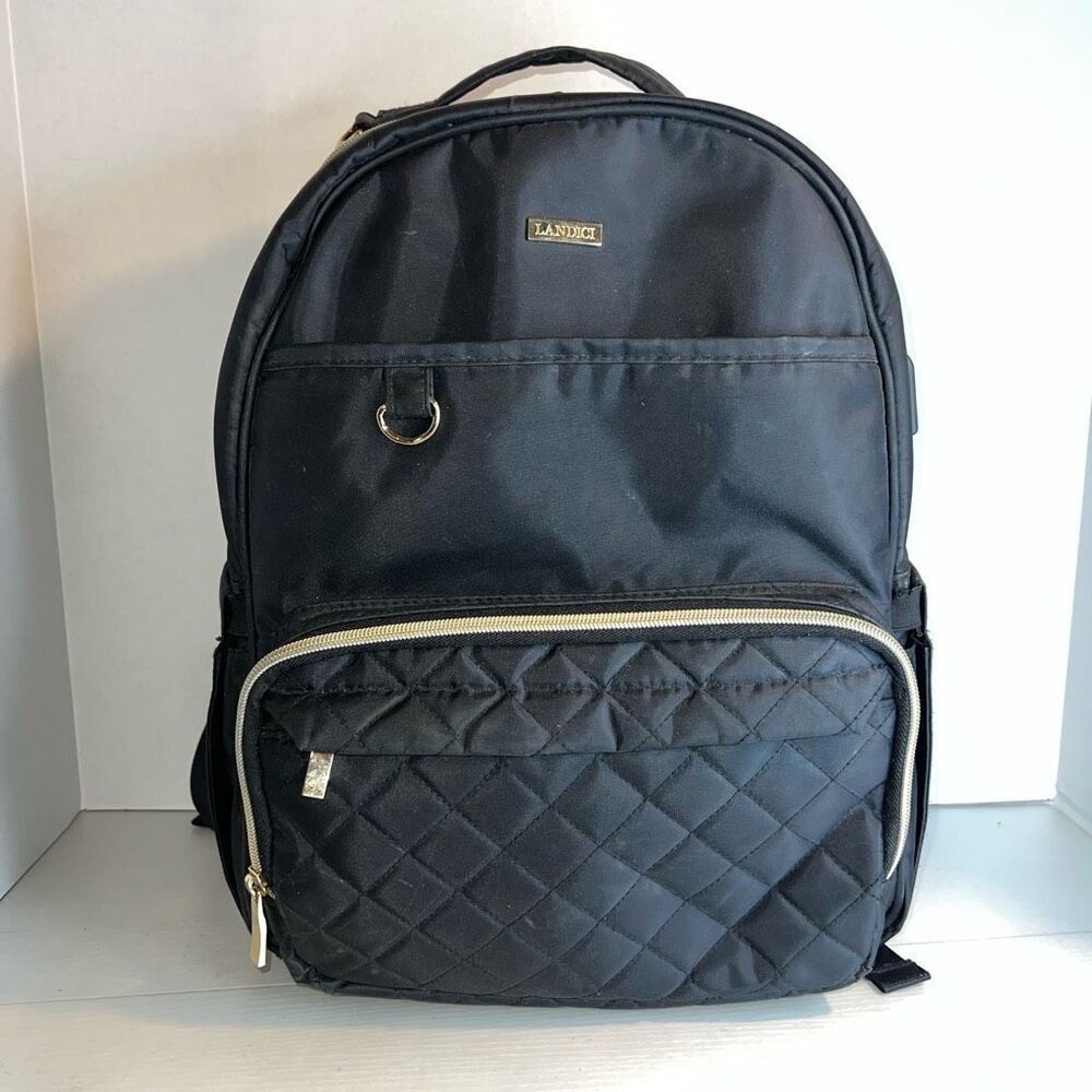 LANDICI Changing Bag Backpack Travel Back Pack Black Gold USB Charging Port Hole